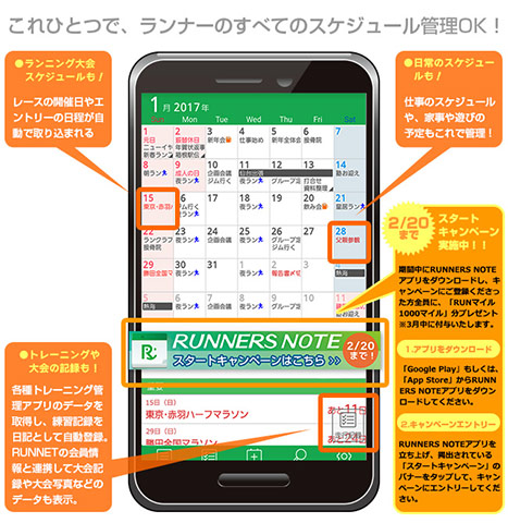 RUNNERS NOTE カレンダー画面