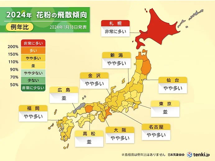 2024年 春の花粉飛散予測（第3報） - 日本気象協会 tenki.jp｜2024年シーズンの花粉飛散傾向【例年比】